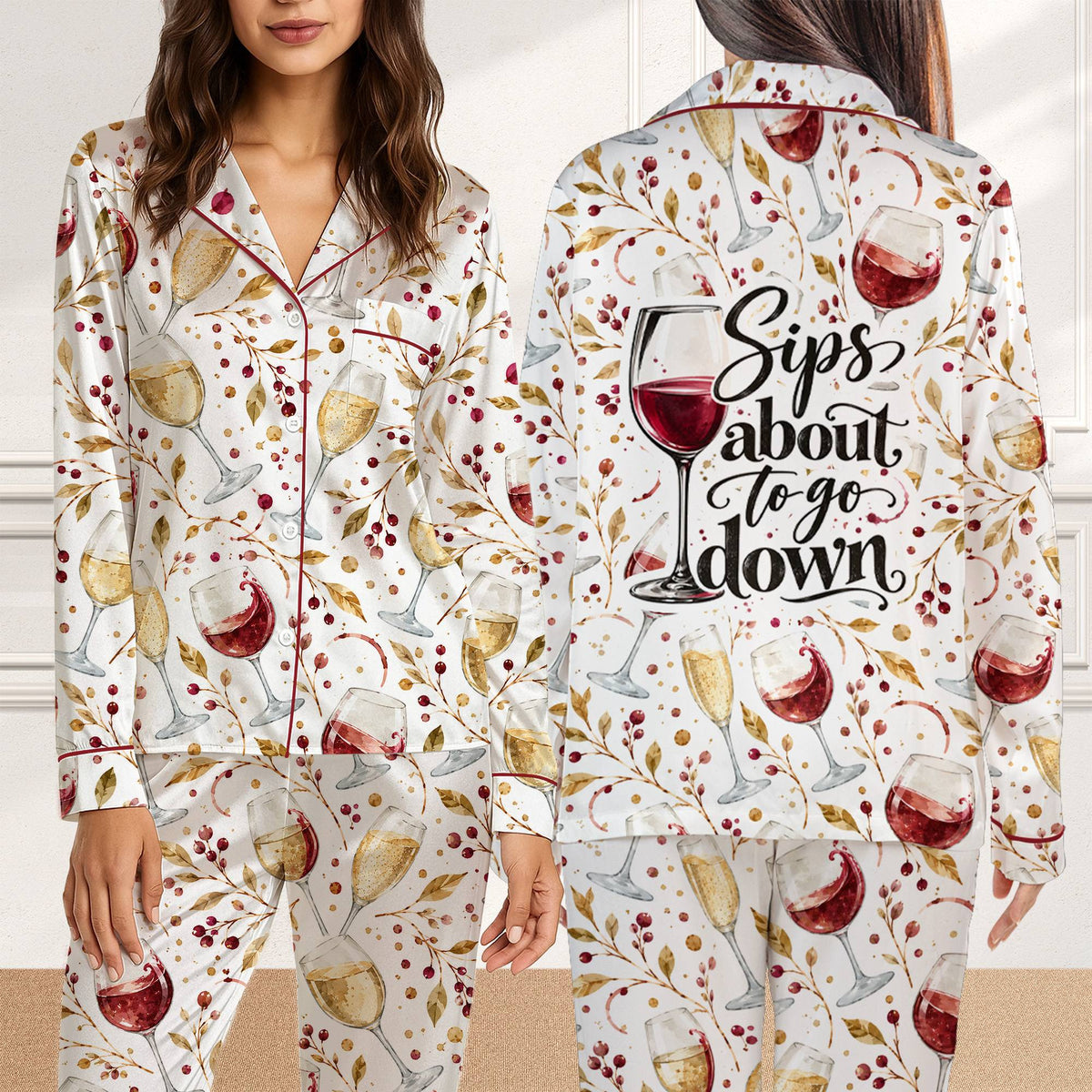 Another front view showing the comfortable fit of the wine pajama set