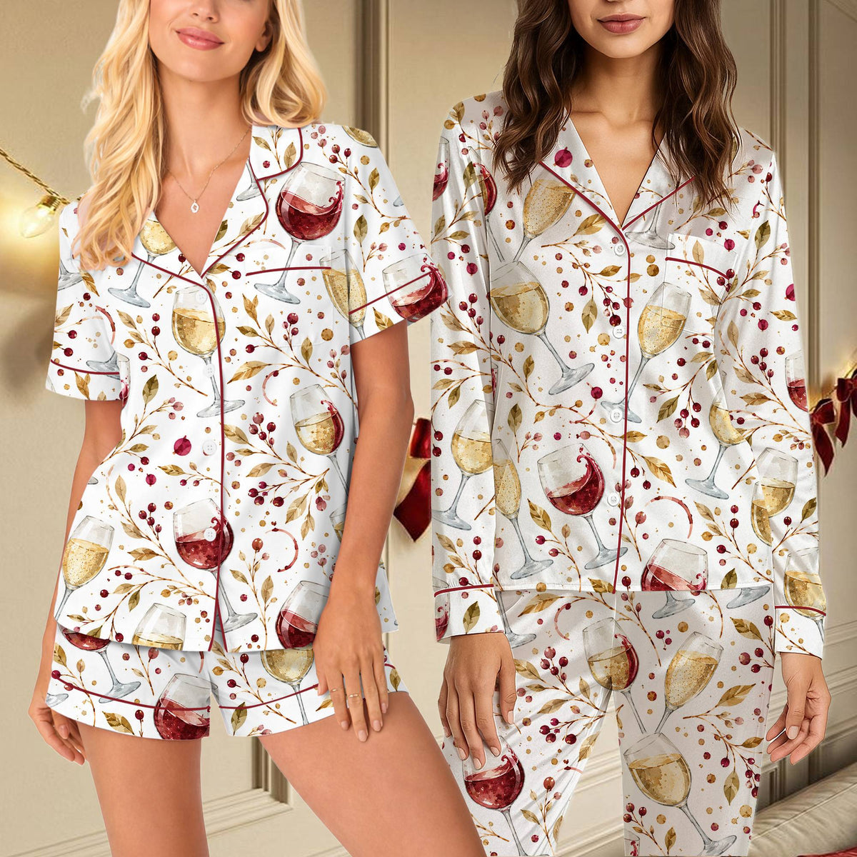 Detailed front view of the botanical wine print pajamas