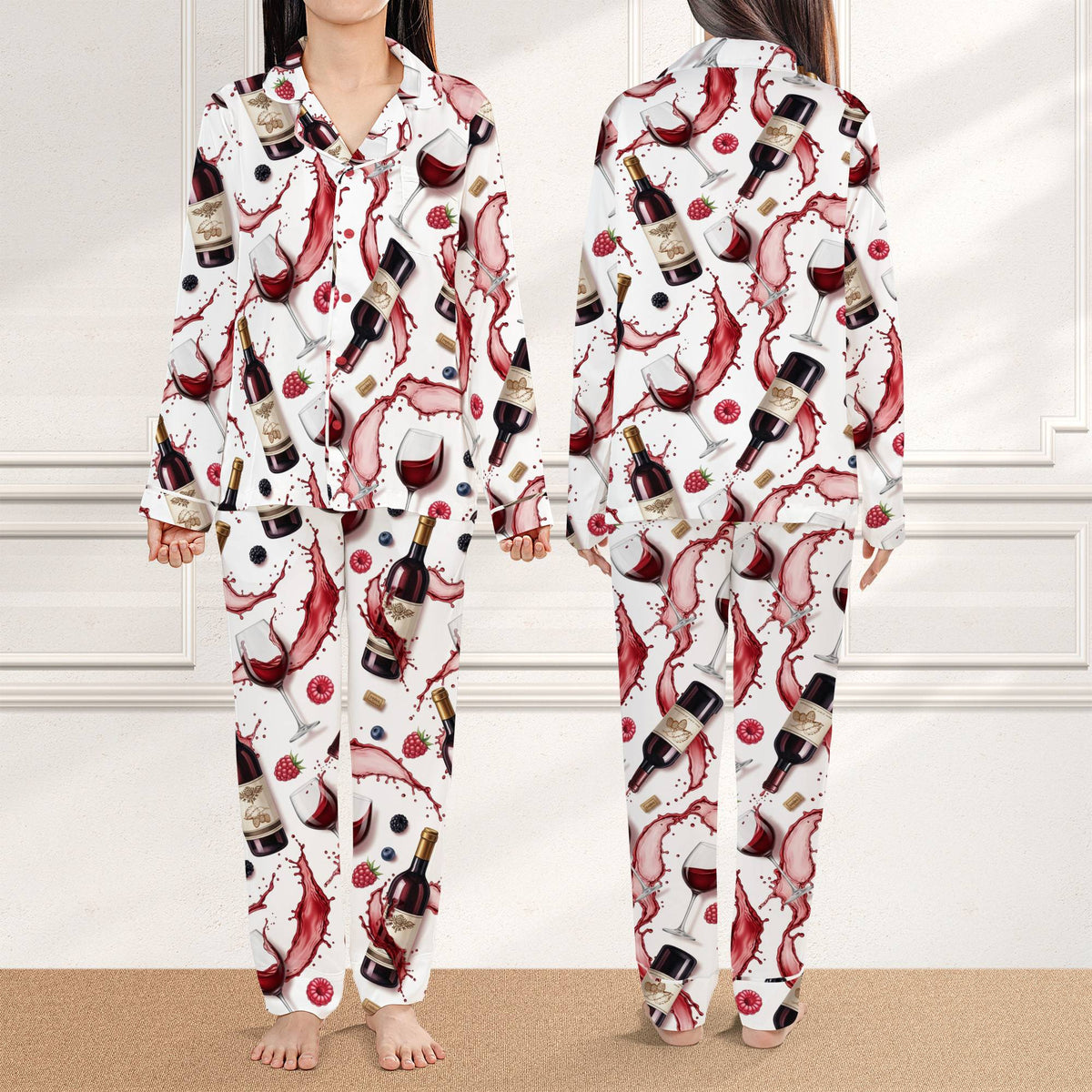 Detailed front view of the comfortable wine pajama top and bottom