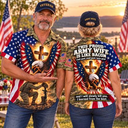 Veteran and Army wife couple in matching personalized camo eagle and cross Hawaiian shirts with custom names, front and back views