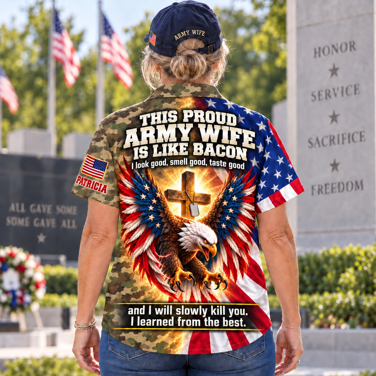 Woman at a veterans memorial wearing the personalized This Proud Army Wife Is Like Bacon camo Hawaiian shirt, back view