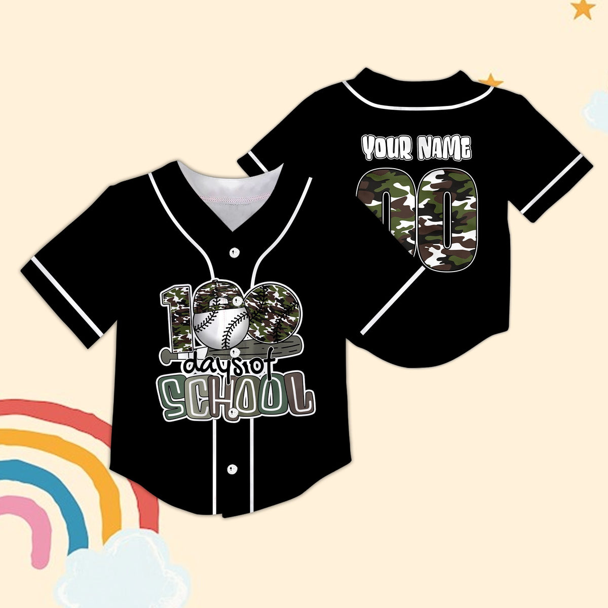 Personalized 100 days of school baseball jersey with camo design, main view