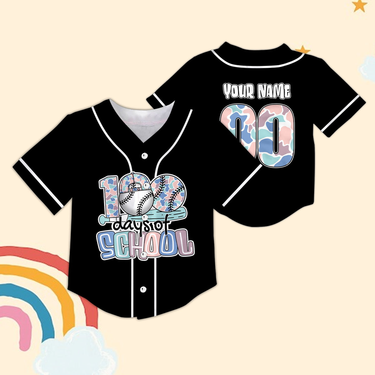 Angled front view of the camo baseball jersey