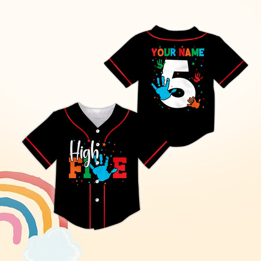Black birthday baseball jersey with High FIVE and handprint design, front view