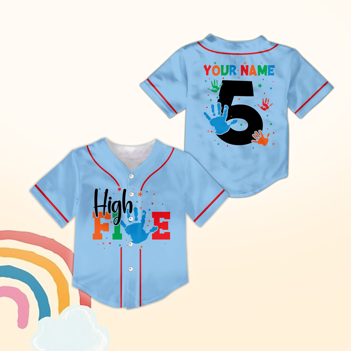 Light blue custom name and number baseball jersey, front view