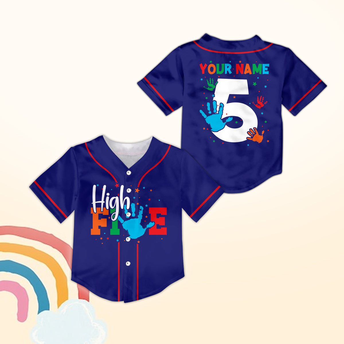 Navy 5th birthday baseball jersey personalized with name and number, front view