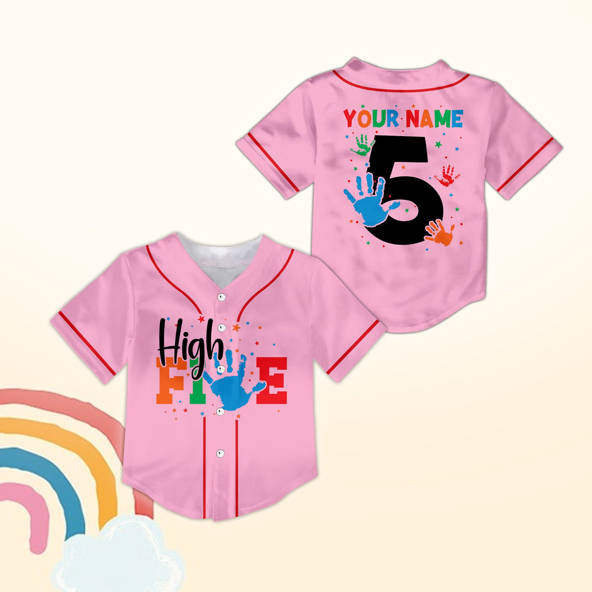 Pink 5th birthday baseball jersey with colorful handprints, front view