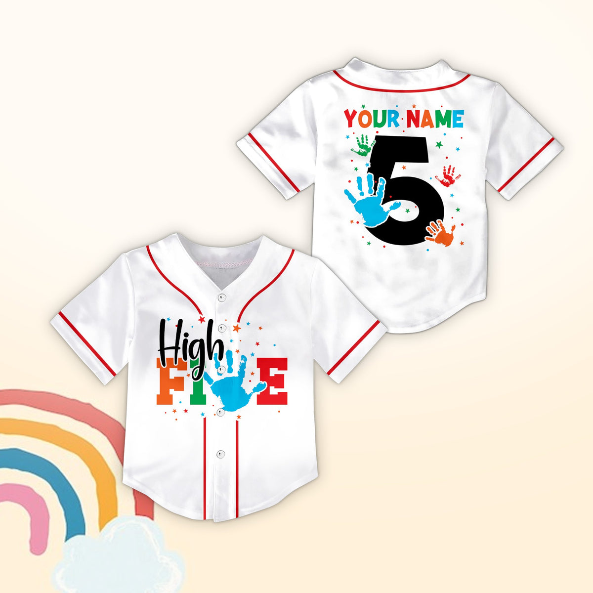 White personalized baseball jersey for 5th birthday, front view