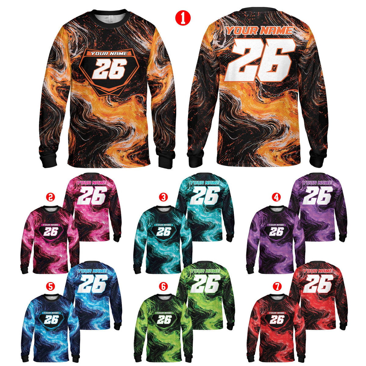 Front view of black abstract baseball jersey featuring a vibrant swirling pattern