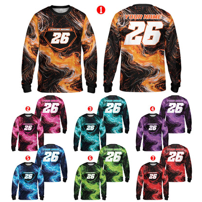 Front view of black abstract baseball jersey featuring a vibrant swirling pattern