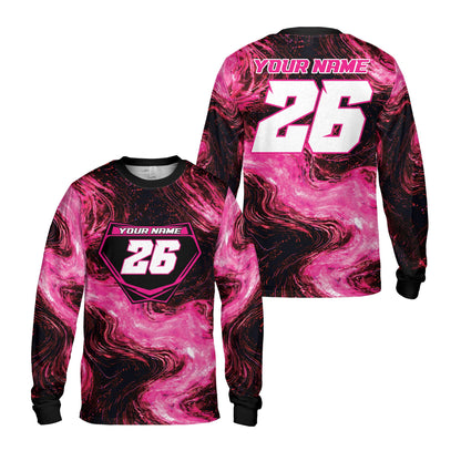 Front view of custom baseball jersey in multicolor abstract liquid design