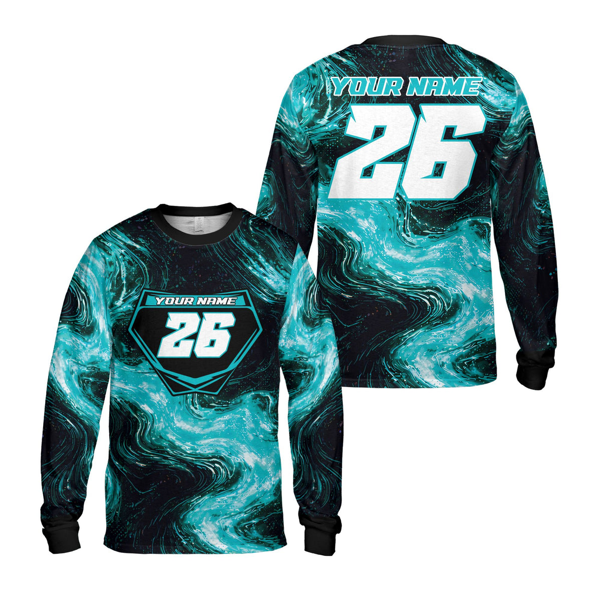 Front view of personalized baseball jersey with custom name and number shield