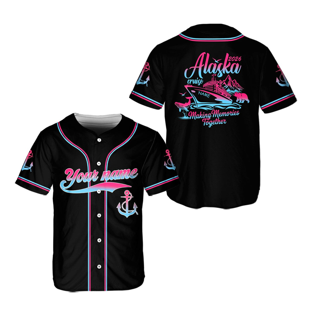 Front view of the personalized alaska cruise baseball jersey in black with pink and light blue piping and custom name