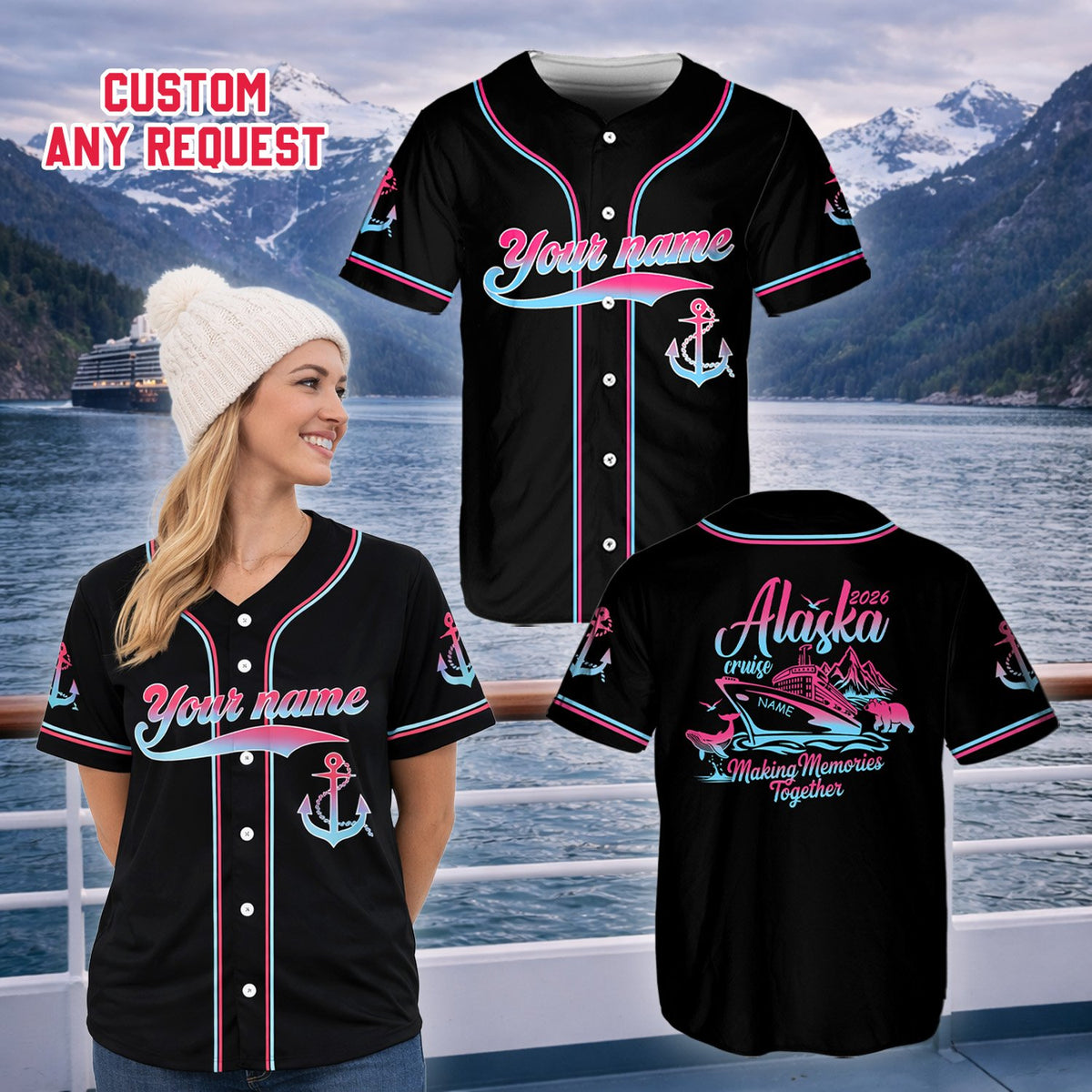 Person modeling the custom alaska baseball jersey showing the unique design