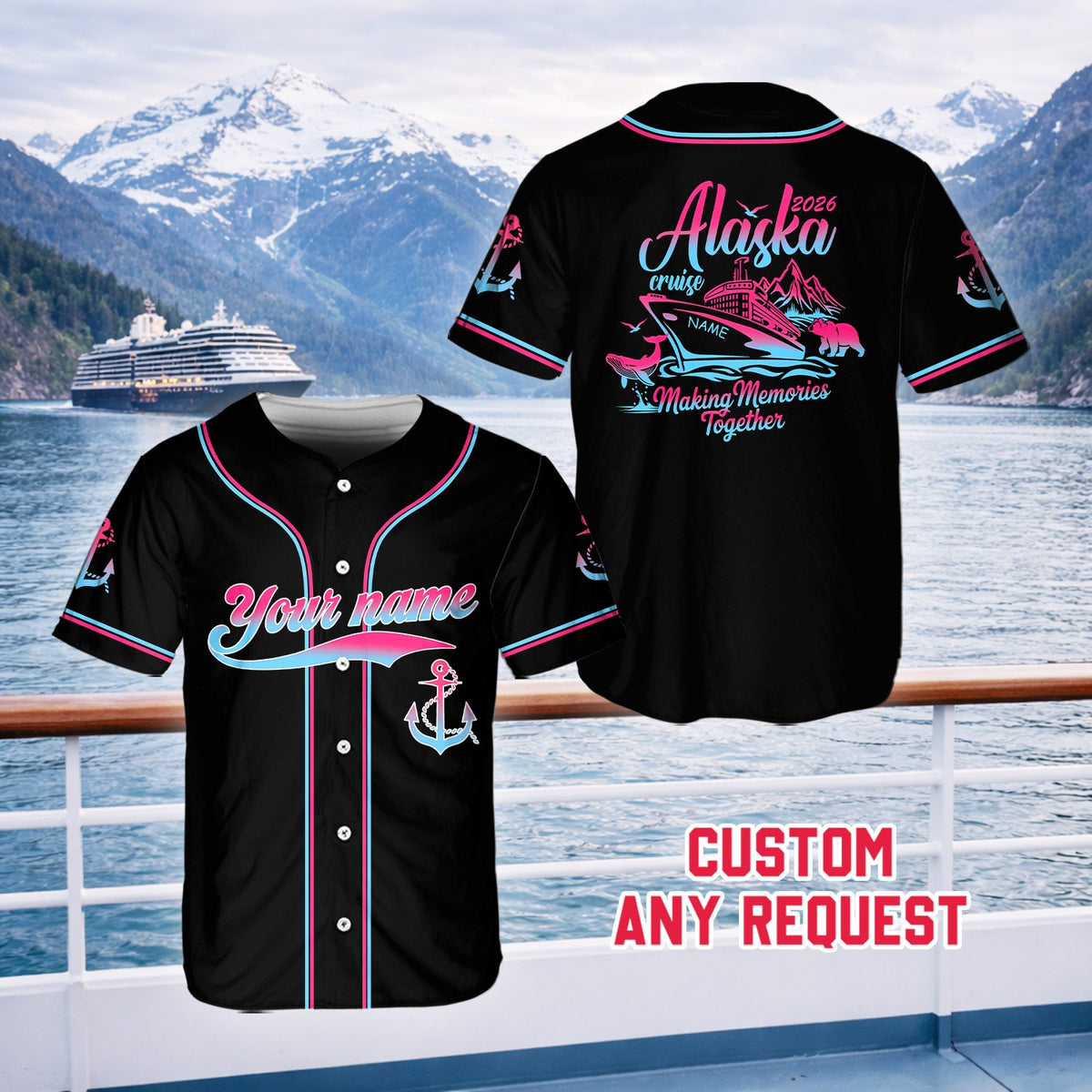 Lifestyle shot highlighting the custom name on the alaska cruise baseball jersey