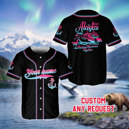 Close up lifestyle view of the personalized baseball jersey detailing the anchor graphic