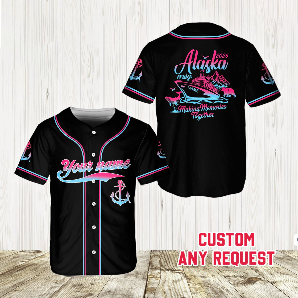 Casual lifestyle view of the personalized alaska cruise baseball jersey