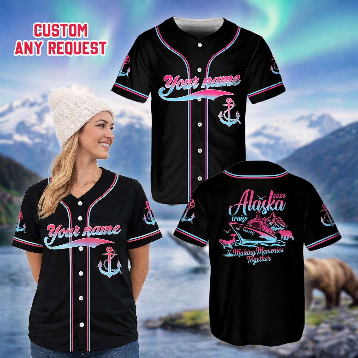 Lifestyle view of a person wearing the custom alaska cruise baseball jersey outdoors