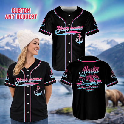 Lifestyle view of a person wearing the custom alaska cruise baseball jersey outdoors