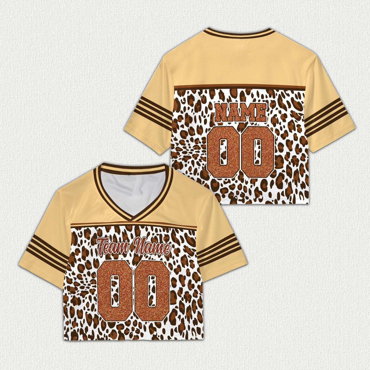 Beige colorway of the animal print cropped baseball jersey