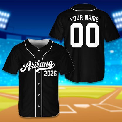 Black arirang baseball jersey with custom name and number, front view