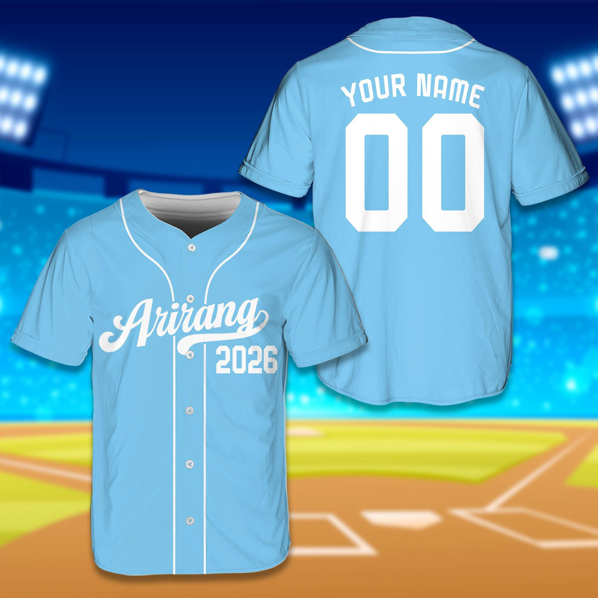Blue solid baseball jersey with custom details, front view