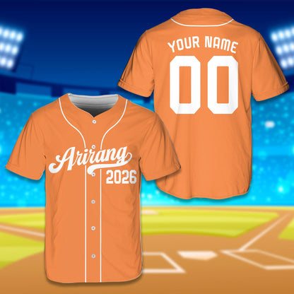 Orange custom baseball jersey with arirang script, front view