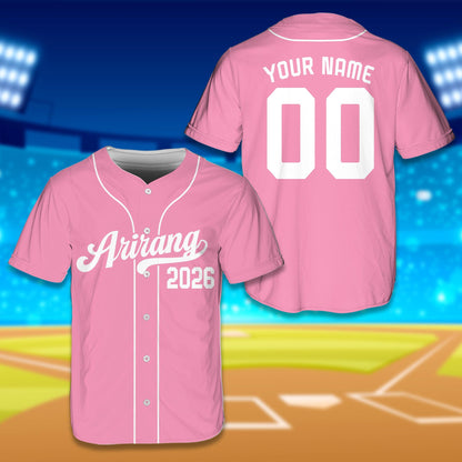 Pink personalized baseball jersey with arirang front script, front view