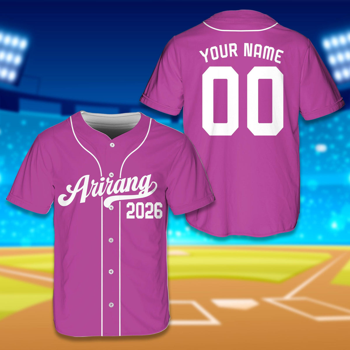 Purple personalized baseball jersey arirang design, front view