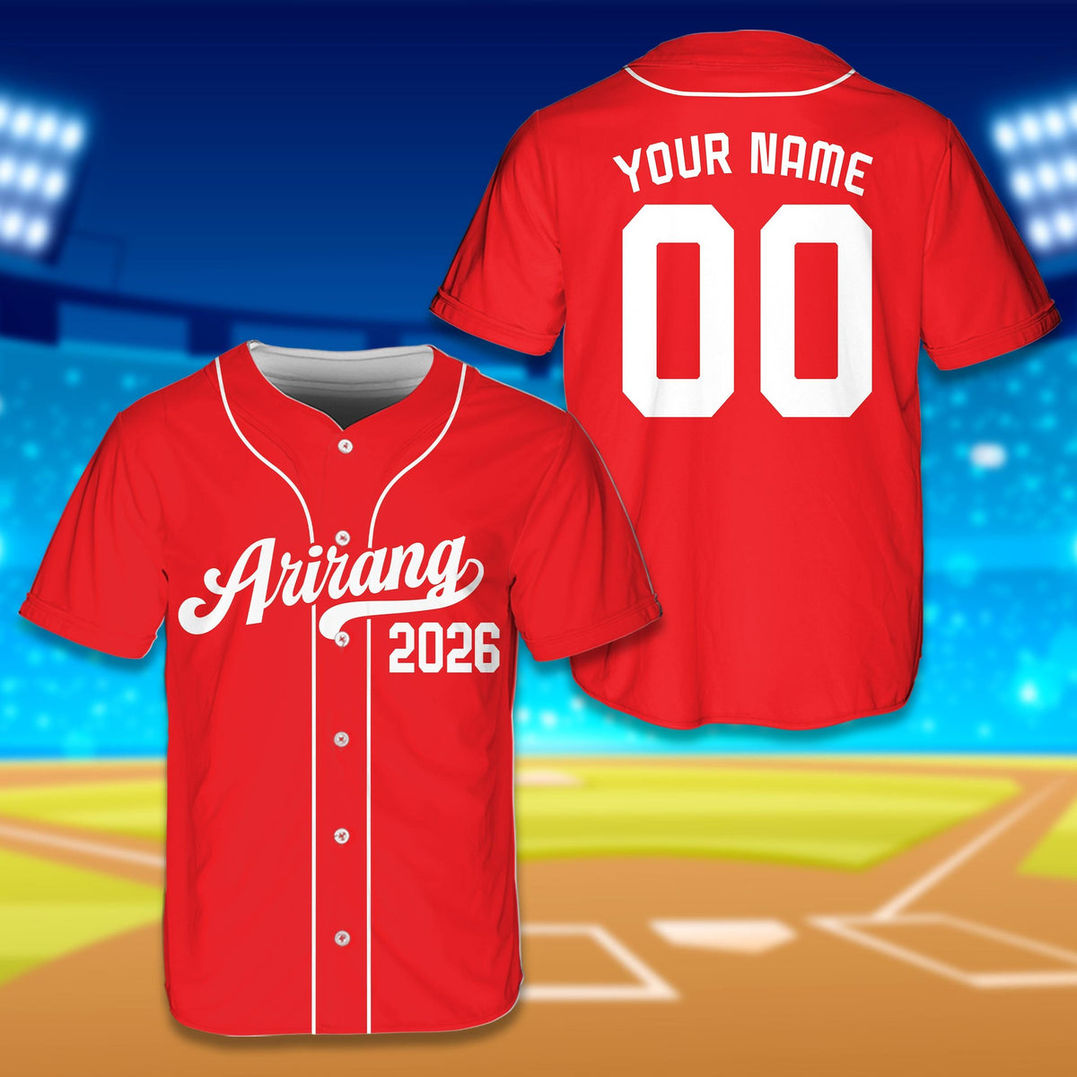 Red arirang custom name baseball jersey, front view