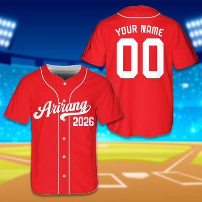 Red arirang custom name baseball jersey, front view