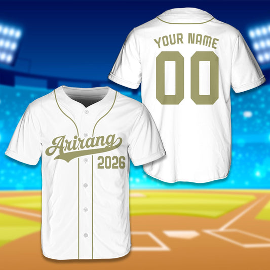 Adult arirang baseball jersey in white with custom text, main view