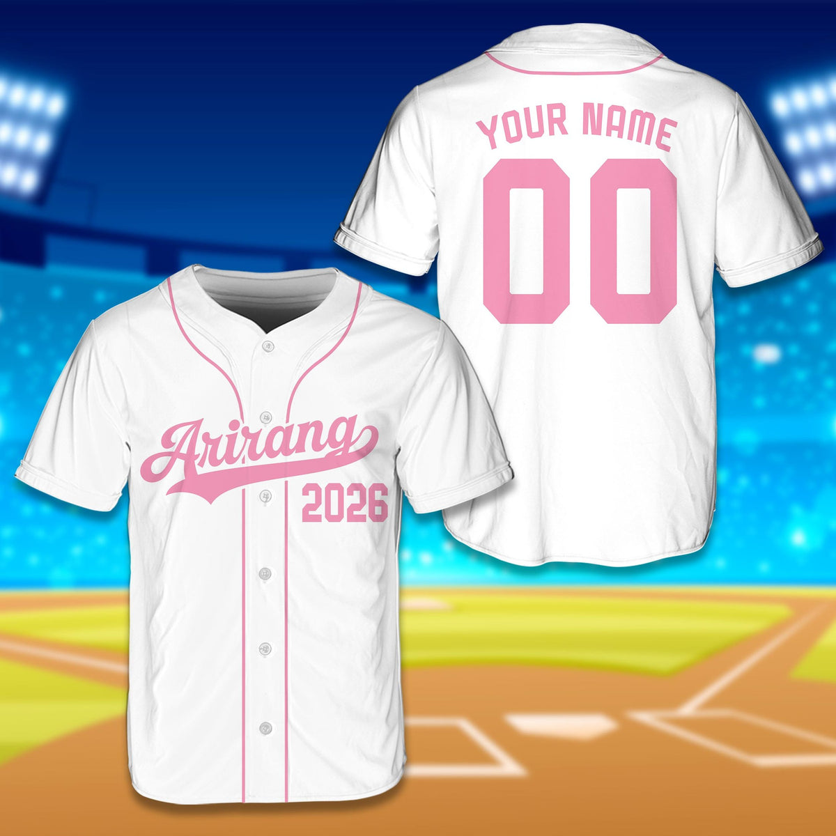 White arirang baseball jersey with gold accents, front view