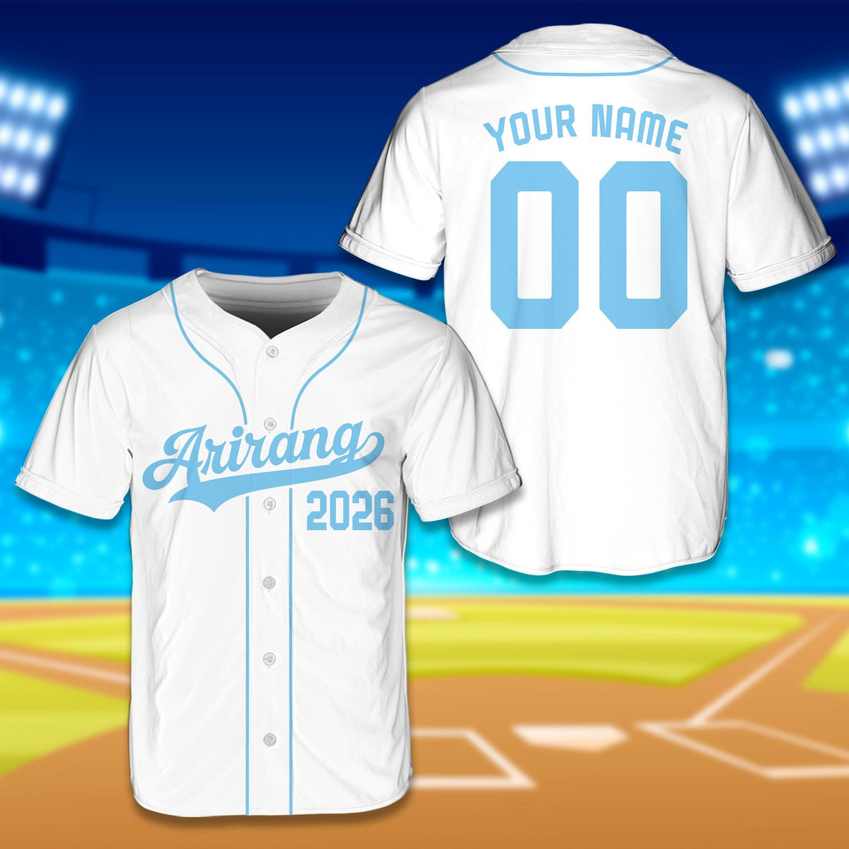 White arirang baseball jersey with purple accents, front view
