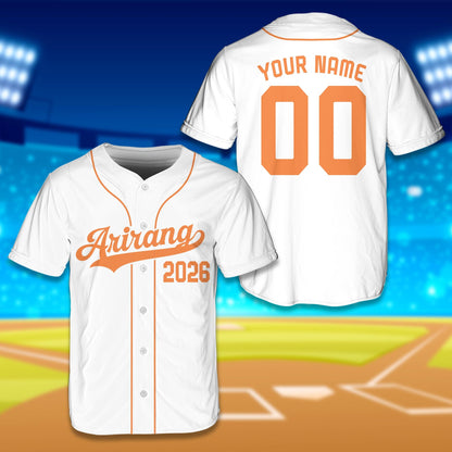 White arirang baseball jersey with light blue accents, front view