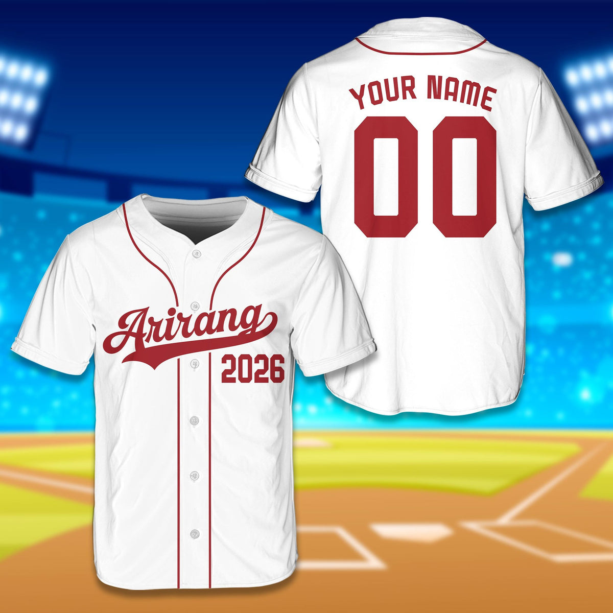 White arirang baseball jersey with orange accents, front view