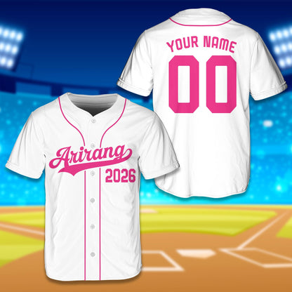 White arirang baseball jersey with maroon accents, front view