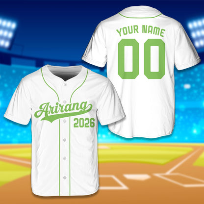 White arirang baseball jersey with green accents, front view