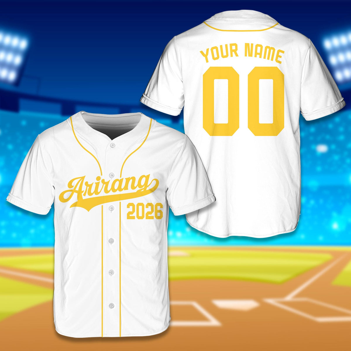 White arirang baseball jersey with yellow accents, front view