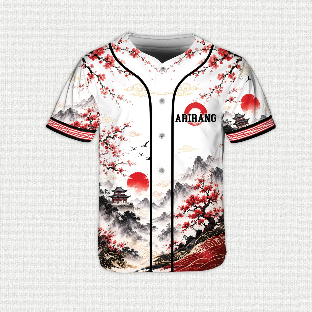 Front view of the asian landscape baseball jersey featuring misty mountains and cherry blossom trees