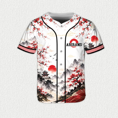 Close-up of the white asian baseball jersey showing detailed pagoda and waves design
