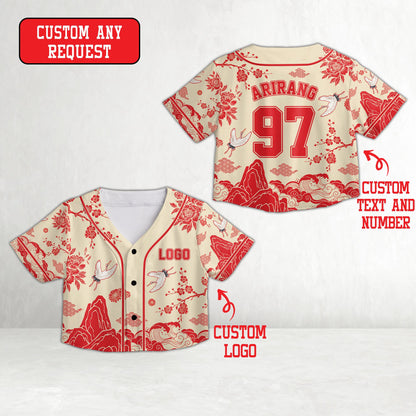 Personalized asian motif baseball jersey in beige, front view