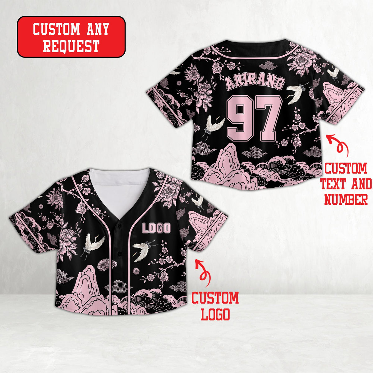 Personalized asian motif baseball jersey in black, front view
