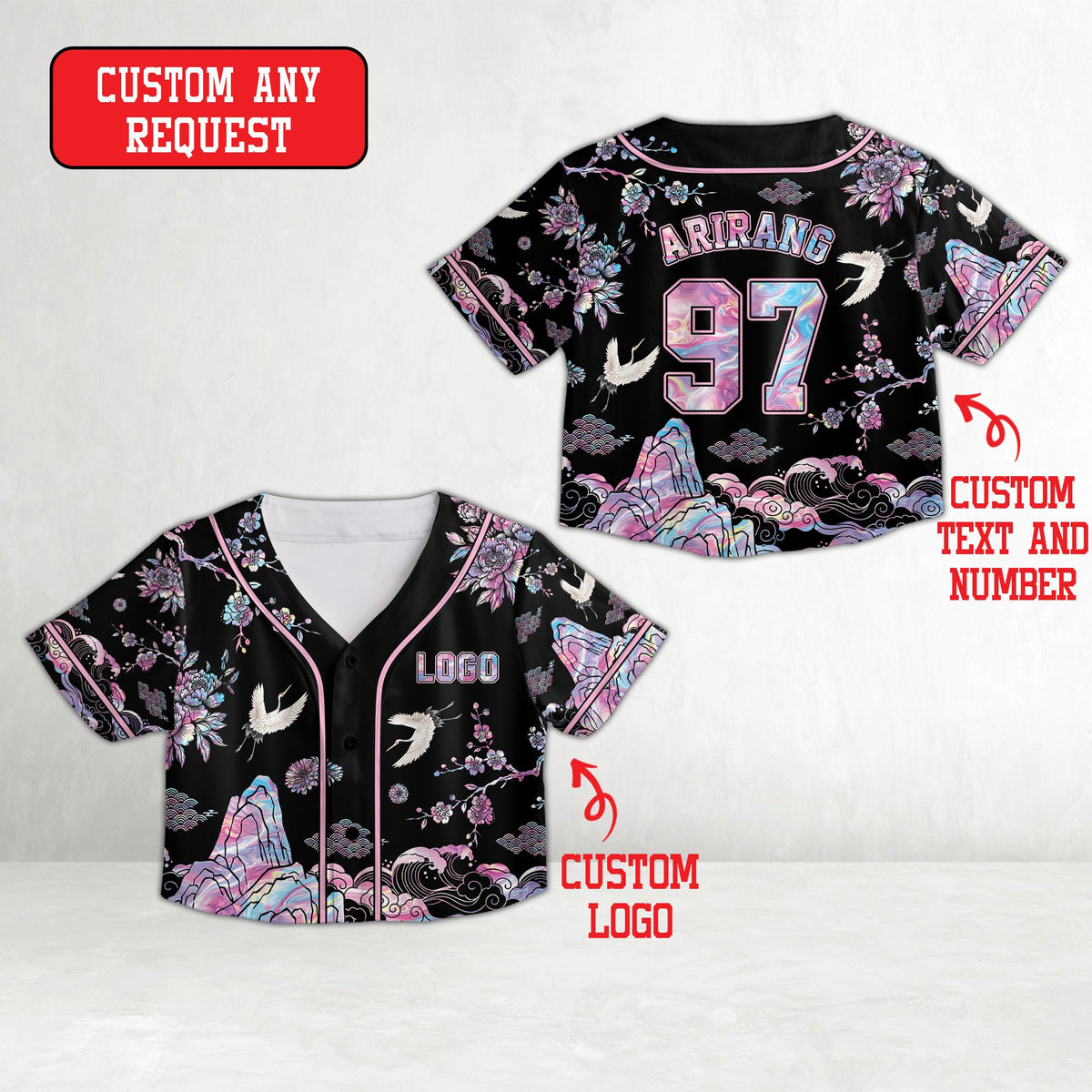 Front detail of the black asian motif baseball jersey