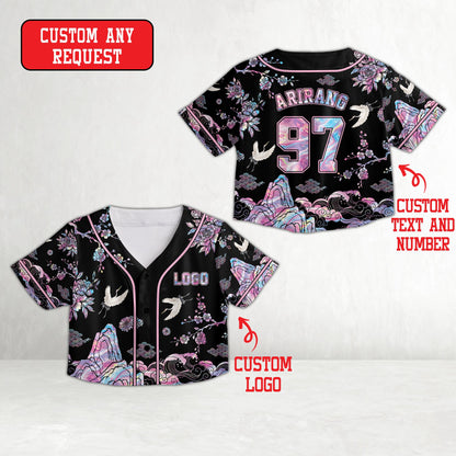 Front detail of the black asian motif baseball jersey