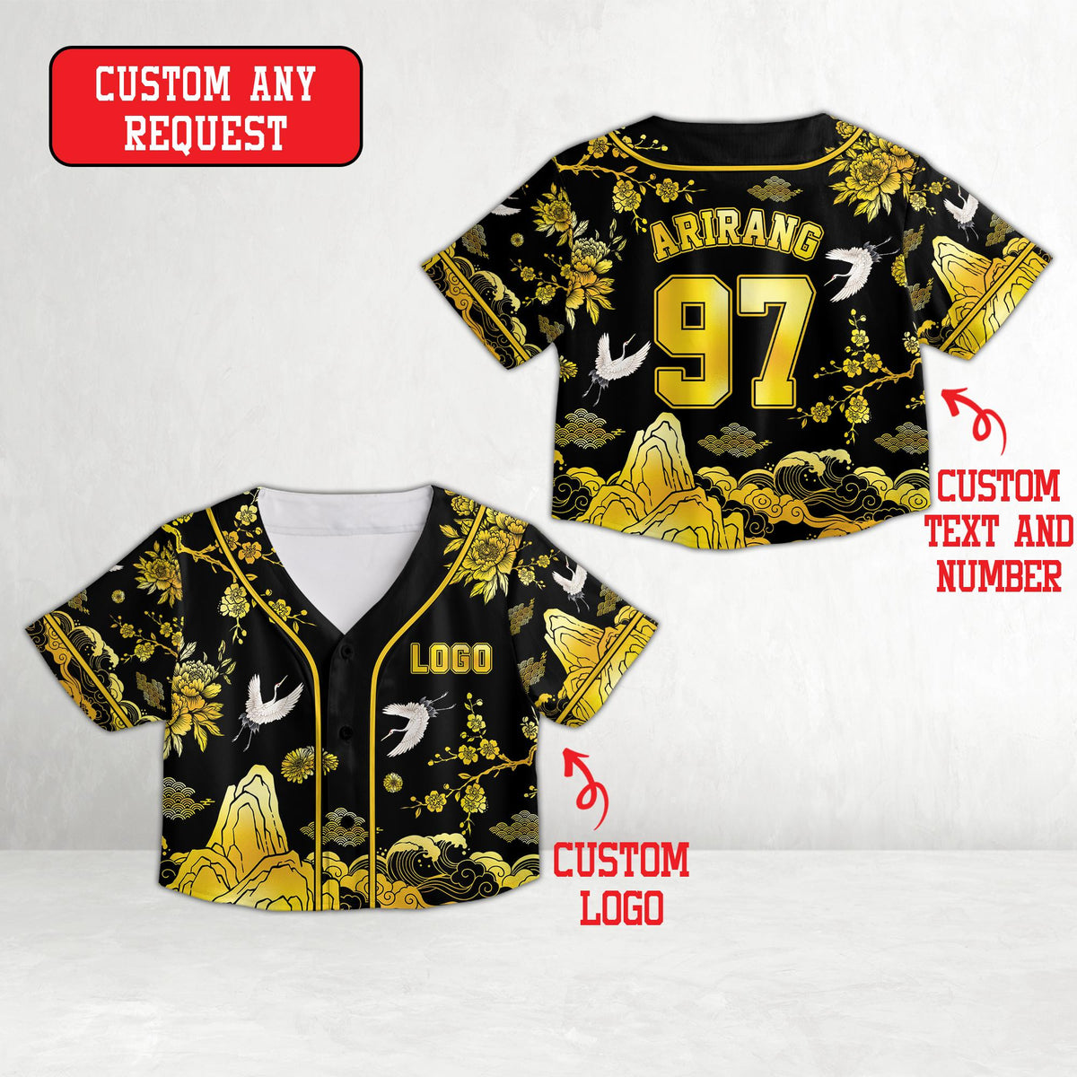 Alternative front view of the black asian motif baseball jersey