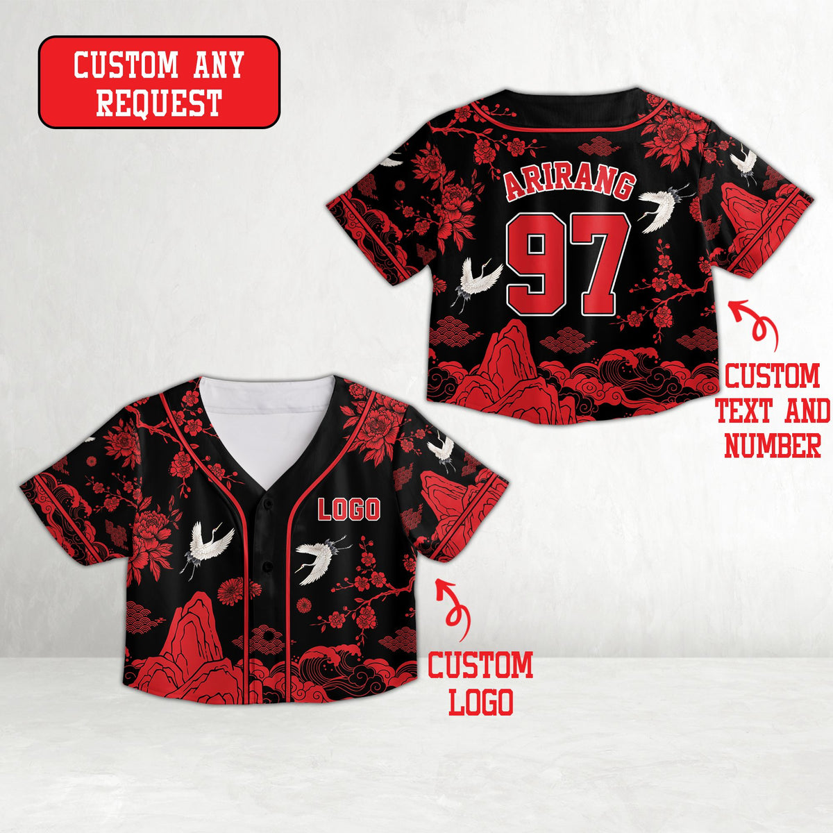 Close up of the black asian motif baseball jersey front