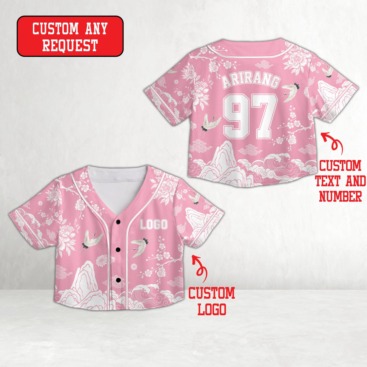 Personalized asian motif baseball jersey in pink, front view
