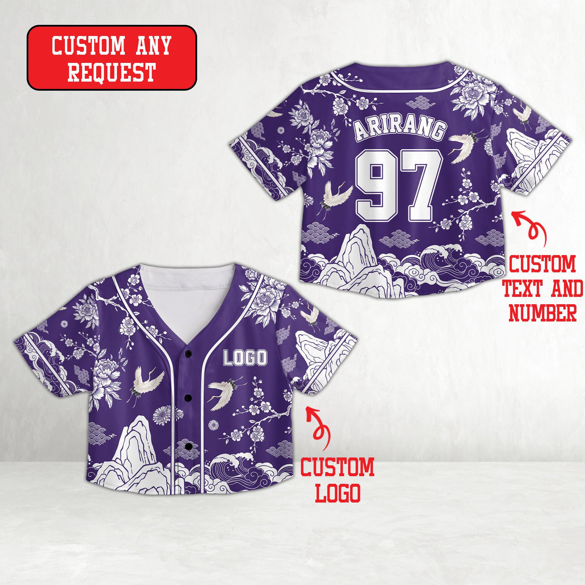 Personalized asian motif baseball jersey in purple, front view