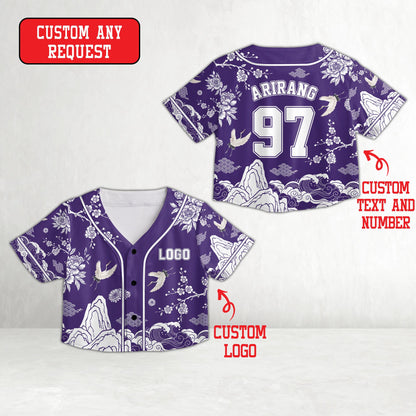 Personalized asian motif baseball jersey in purple, front view